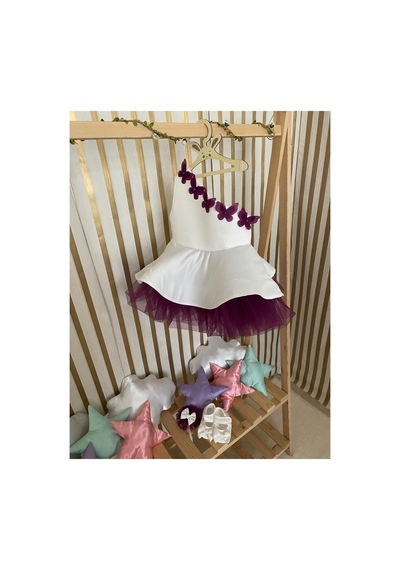Hayy Baby Kids Wear Mor Kelebek Detaylı Beyaz Tütü Elbise