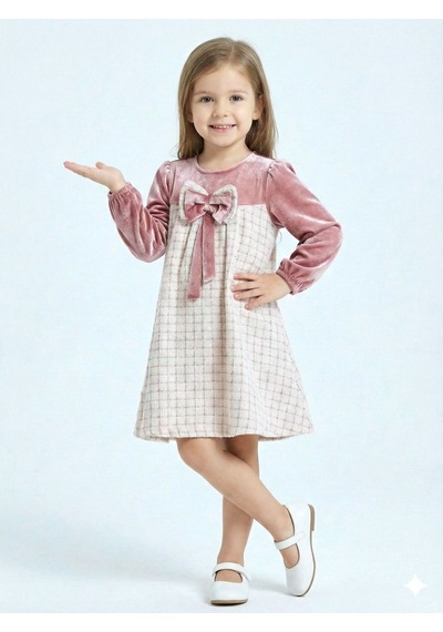 Xo Kids Kız Çocuk Fiyonk Detaylı Kadife Ve Ekoseli Kız Çocuk Elbise 3-7 Yaş 4414 Gülkurusu