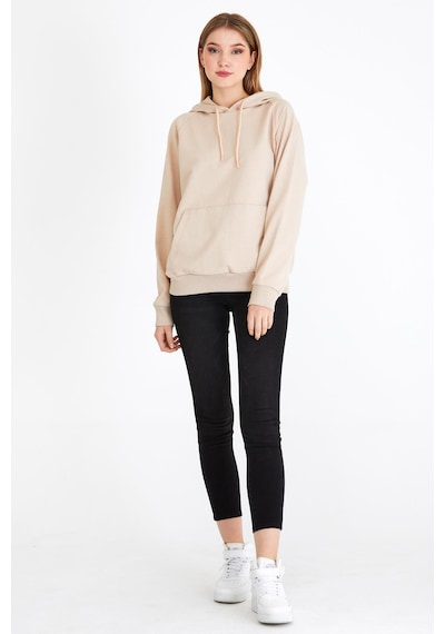Metalic Kadın Bej Kapüşonlu Basic Örme Sweatshirt Bej