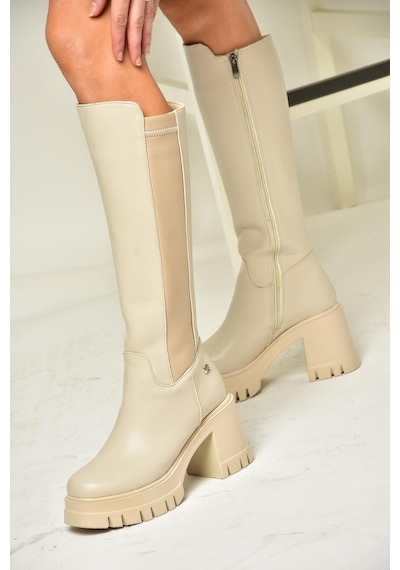 Fox Shoes T973390009 Bej Kalın Topuklu Kadın Çizme Bej