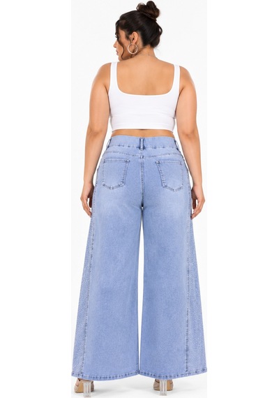 Zanessi Büyük Beden Denim Taşlı Yüksek Bel Geniş Paça Kadın Pantolon Mavi