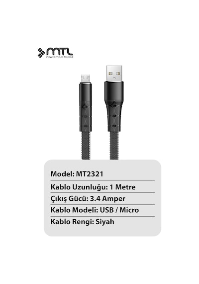 3.4a Micro Usb Ultra Hızlı Metal Başlıklı Flat Örgülü Şarj Ve Data Kablosu Mt2321