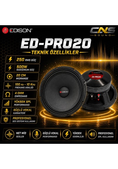 Ed-pro20 20 Cm Midrange Hoparlör 500w Max 250w Rms 98.2 Db Profesyonel Oto Ses Sistemi