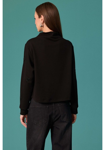 Seçil Kadın İnci Çiçek Detaylı Dik Yaka Sweatshirt Siyah
