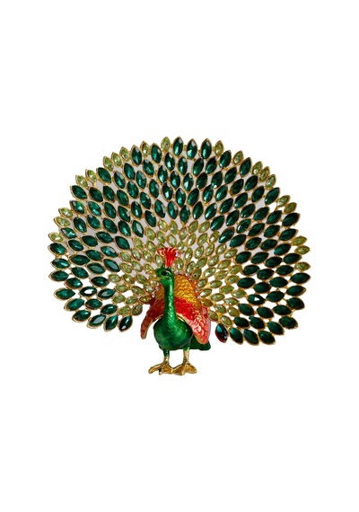Kristal Taşlı Metal Tavus Kuşu Biblo, El İşçiliği Dekoratif Figür, 17x16 Cm, Yeşil Diğer