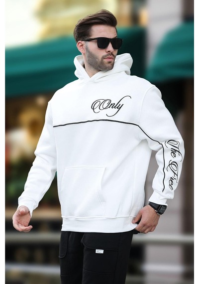 Madmext Ekru Kapüşonlu Şerit Detaylı Baskılı Erkek Sweatshirt 7091 Ekru