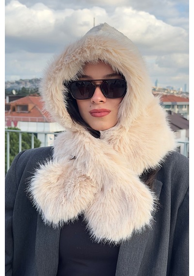 Mollycrush Kadın Bej Suni Kürk Eşarp Atkı Şapka Kışlık Sıcak Tutan Soft Peluş Model Bej