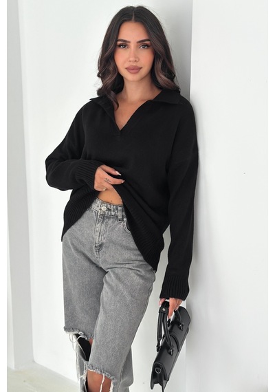 Femelle Siyah Kadın Polo Yaka Oversize Triko Kazak - Standart Beden Yumuşak Dokulu - 8551