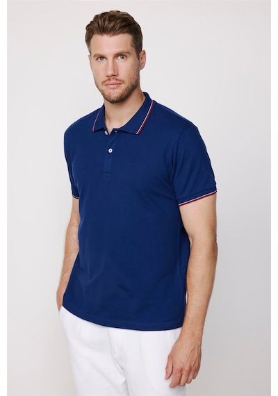 Tudors Erkek Slim Fit Dar Kesim %100 Pamuk Düz Pike Kol Şeritli Lacivert Polo Yaka Tişört-27647 Lacivert