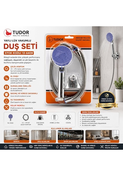 Tudor Tdr-254 Krom Lüks Duş Seti - Metal Yaylı Hortum 150 Cm Ve Mafsallı