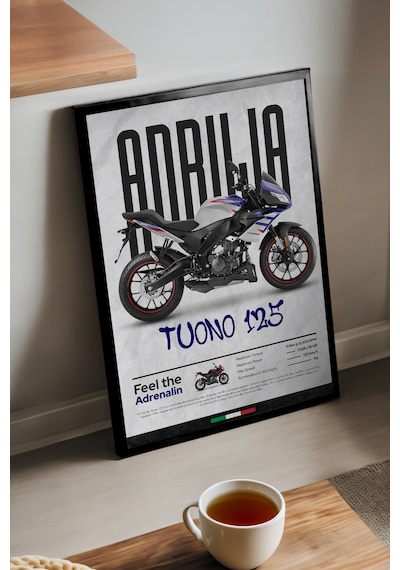Aprilia Tuono 125 Siyah Ahşap Çerçeveli Poster, Dekoratif Motosiklet Duvar Tablosu
