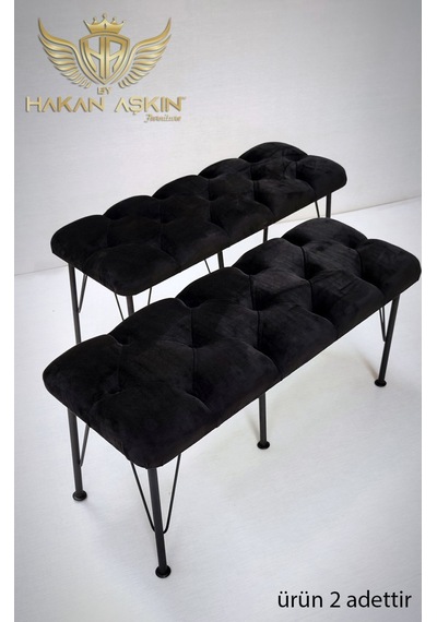 By Hakan Aşkın Metal Ayaklı Babyface Puf & Bench Ikili 2024 Siyah Baby Face Kumaş
