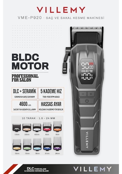 Vme-p920 Profesyonel Saç Ve Sakal Kesme Makinesi Bldc Motor Şarjlı Dlc Seramik Bıçak 10 Tarak Dijital Ekran 4600 Mah