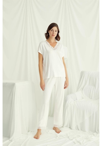 Monamise Kadın Kısa Kollu V Yakalı Dantelli Pijama Takımı 18513-ekru Ekru