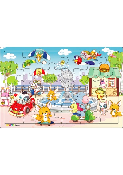 Sevimli Hayvanlar Şehirde  3-9 Yaş Için 24 Parçalı Ahşap Puzzle Y