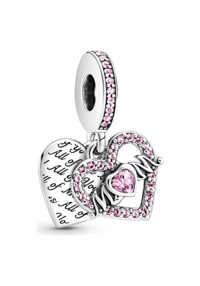 Pembe Taşlı Yazılı Mom Charm Gümüş Kaplama
