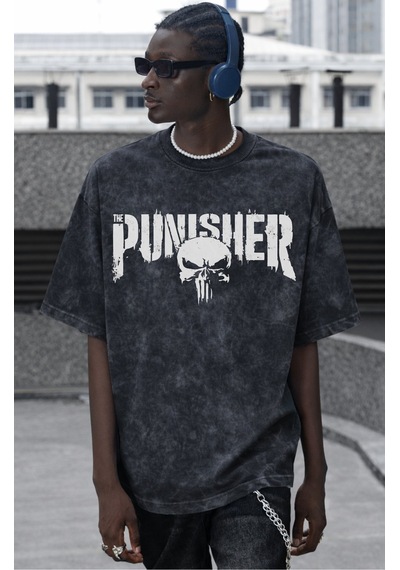The Punisher Dizi Baskılı Unisex Oversize Vintage Yıkamalı Tişört Siyah
