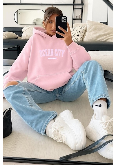 Benroma 3 İplik Penye Ocean Cıty Baskılı Sweatshırt Pembe