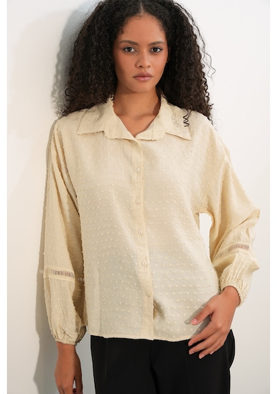 Bigdart Kadın Oversize Desenli Gömlek 20379 - Krem