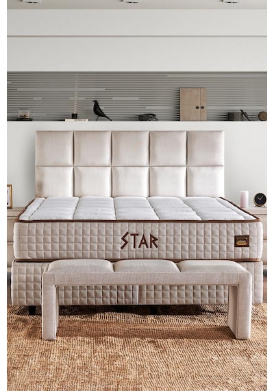 Star Yatak Seti 150x200 Cm Çift Kişilik Yaylı Sert Ortopedik Yatak Krem Keten Lüks Baza Başlık Takım