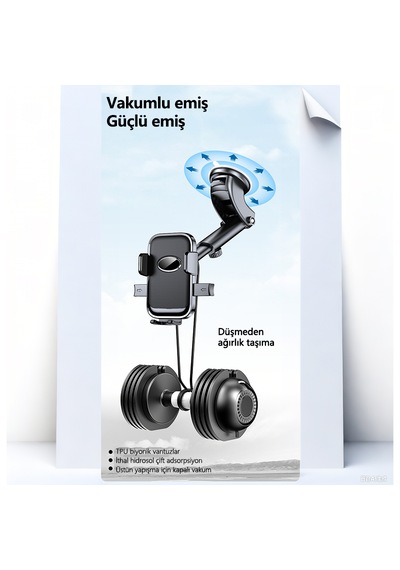 Klasik Emici Askılı Araç Telefon Tutucusu 25cm Uzayan 60x Nano Emiş 360 Dönebilen 5.8-9cm Genişlik 15.5x7.3x11.3cm