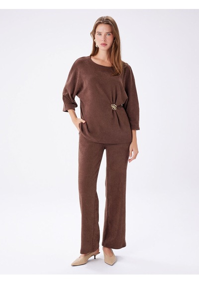 Faik Sönmez Beli Broş Detaylı 3/4 Kol Örme Tunik W27tnk012 Uw27tnk01230 Kahverengi