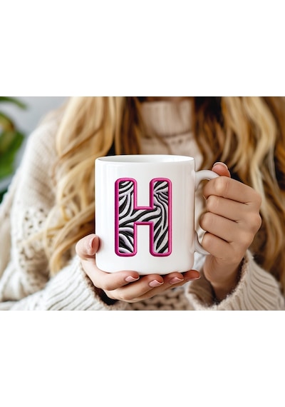 H Harfi Zebra Deseni Ve Pembe Kenarlı Kupa Bardak - Kişiye Özel Nakış Efektli - Siyah Beyaz Pembe Beyaz