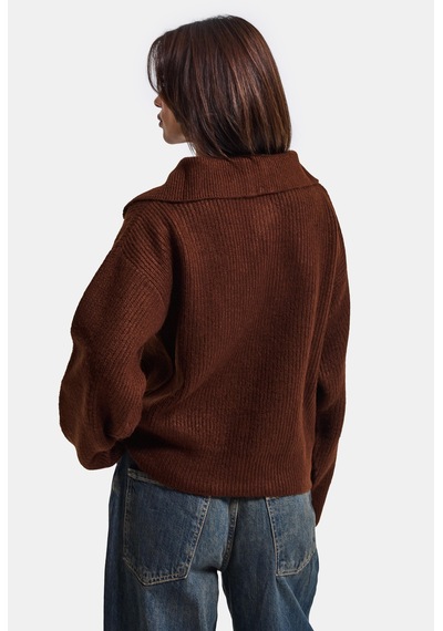 Kadın Kahve W6-81 Oversize Fermuarlı Triko Kazak