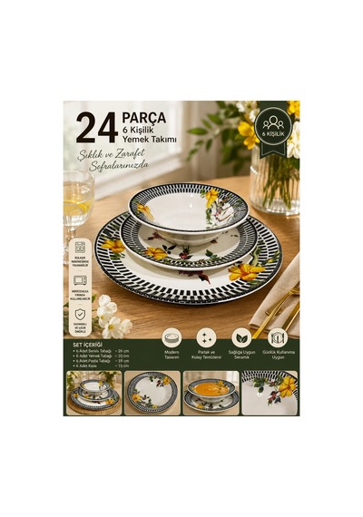 24 Parça 6 Kişilik Çiçek Desenli Porselen Yemek Takımı Servis, Yemek, Pasta Tabağı Ve Kase Seti Beyaz