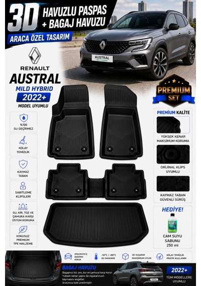 Renault Austral Mıld Hybrıd 2024 Model Uyumlu 3d Araca Özel Havuzlu Paspas+bagaj Havuzu Birebir Uyum