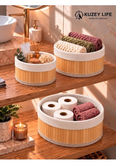 Kuzeylife Bambu Trio Yuvarlak 3lü Sepet Seti Kahverengi