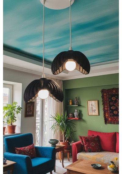 Siyah 2'li Lotus Formlu Modern Sarkıt Avize, Siyah Dekoratif Tavan Aydınlatma Pla
