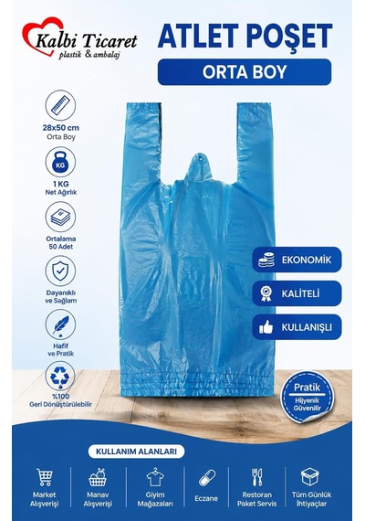 Kalın Mavi Poşet Orta Boy 1 Kg Hışır Atlet Poşet Market Manav Poşeti Çöp Poşeti