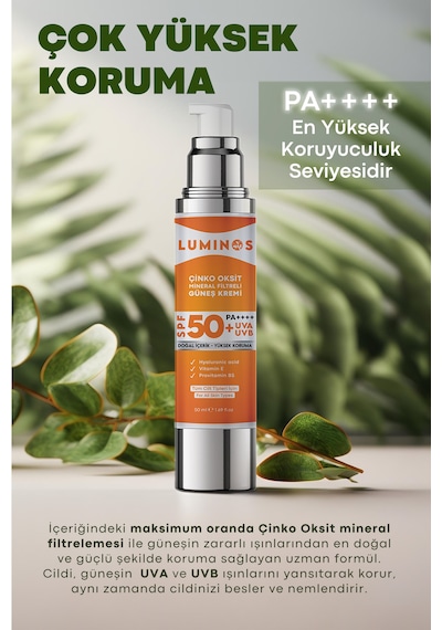 Luminos Çinko Oksit Mineral Filtreli Doğal Güneş Kremi SPF50+ 50 ML