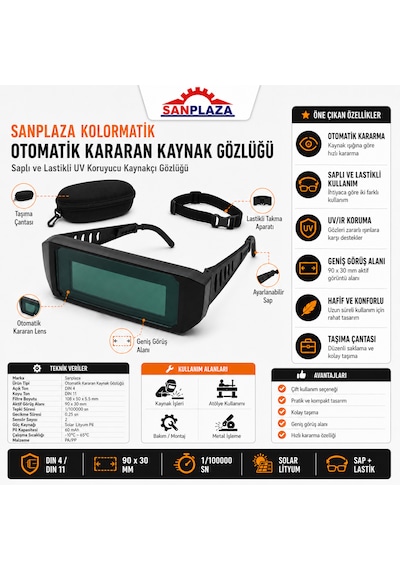 Sanplaza Kolormatik Otomatik Kararan Kaynak Gözlüğü Saplı Ve Lastikli Uv Koruyucu Kaynakçı Gözlüğü