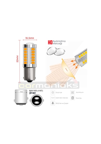 P21W 1156 Ba15S Tek Duy Stop Sinyal Geri Vites Ampulü Turuncu 33 Led
