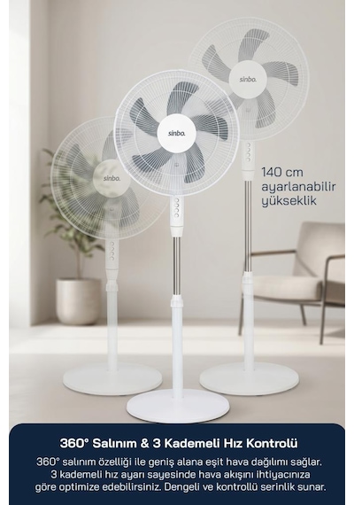 Sinbo Sf-7705 Ayaklı Vantilatör 16 Inç 45w Sessiz Fan 3 Kademeli Yükseklik Ayarlı Güçlü