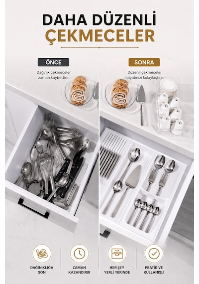 Çekmece İçi Bıçaklık Organizer Bölmeli Mutfak Düzenleyici Beyaz S-11029