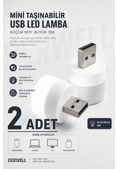 2 Adet Bebek Ve Çocuk Odaları İçin Mini Taşınabilir Usb Led Lamba Powerbank Laptop Pc Uyumlu Tak Çalıştır Mikro Gece Aydınlatma Lambası Bebek Odası Koridor Kamp Için Yuvarlak Küçük Kompakt Ampul