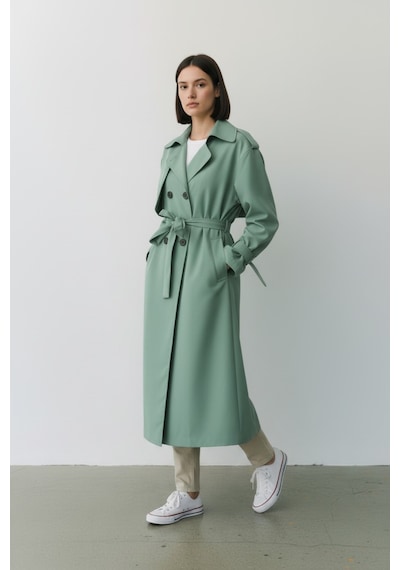 Durivya Kruvaze Yaka Oversize Trençkot Mint Yeşili