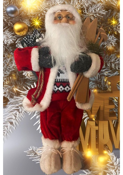 Yılbaşı Süsü Noel Baba Biblo Figür Büyük Boy 45cm -kayakları, Hediye Çuvalı Ve Aksesuarları İle 45