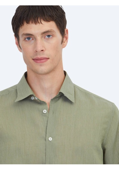 Kip Yeşil Çizgili Regular Fit Dokuma Casual Gömlek