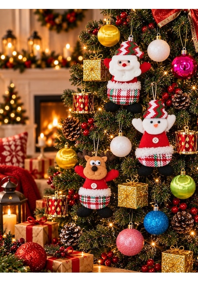15 Parça Yılbaşı Ağacı Süs Seti Renkli Top Davul Hediye Paketi Noel Baba Kardan Adam Geyik Peluş Diğer