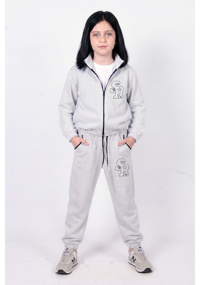 Fyk Kids Kız Çocuk Sr Baskılı Dik Yaka Çift Cepli Fermuarlı Eşofman Takımı Gri