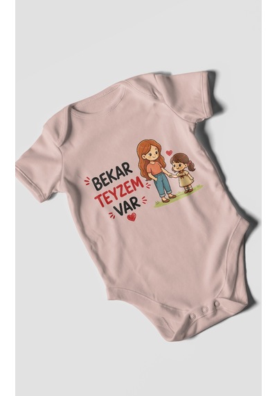 Morivokids Bekar Teyzem Var Kısa Kollu Bebek Body %100 Pamuk Pastel Pembe