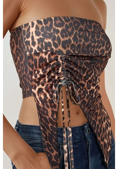 Hiccup Leopar Desenli Büzgü Detaylı Straplez Crop Üst Çok Renkli