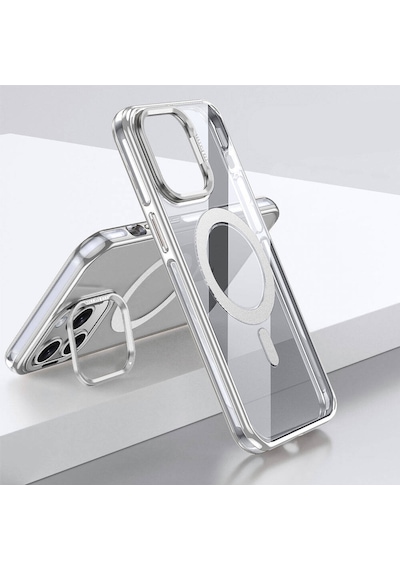 Apple Uyumlu iPhone 14 Pro Max Kılıf Magsafe Şarj Özellikli Wlons Standlı Efsane Kapak Gümüş