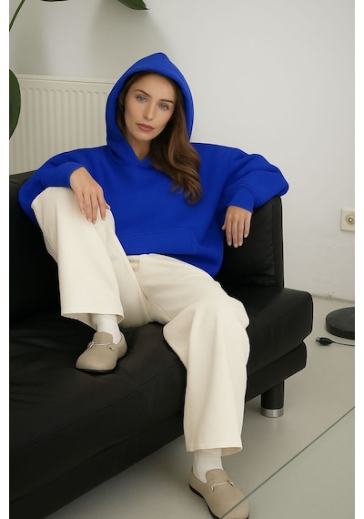 Benroma Düz Ünisex Oversize Kapüşonlu Sweatshırt Saks Mavisi
