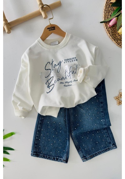 Miniğimin Cicileri Stay Beautiful Taşlı Kot Pantolonlu Kız Çocuk 2 Li Takım - Beyaz