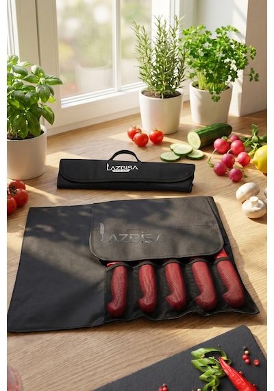 Silver Serisi Çantalı 5 Li Mutfak Gastronomi Bıçak Seti Mft-254 Kırmızı - Siyah